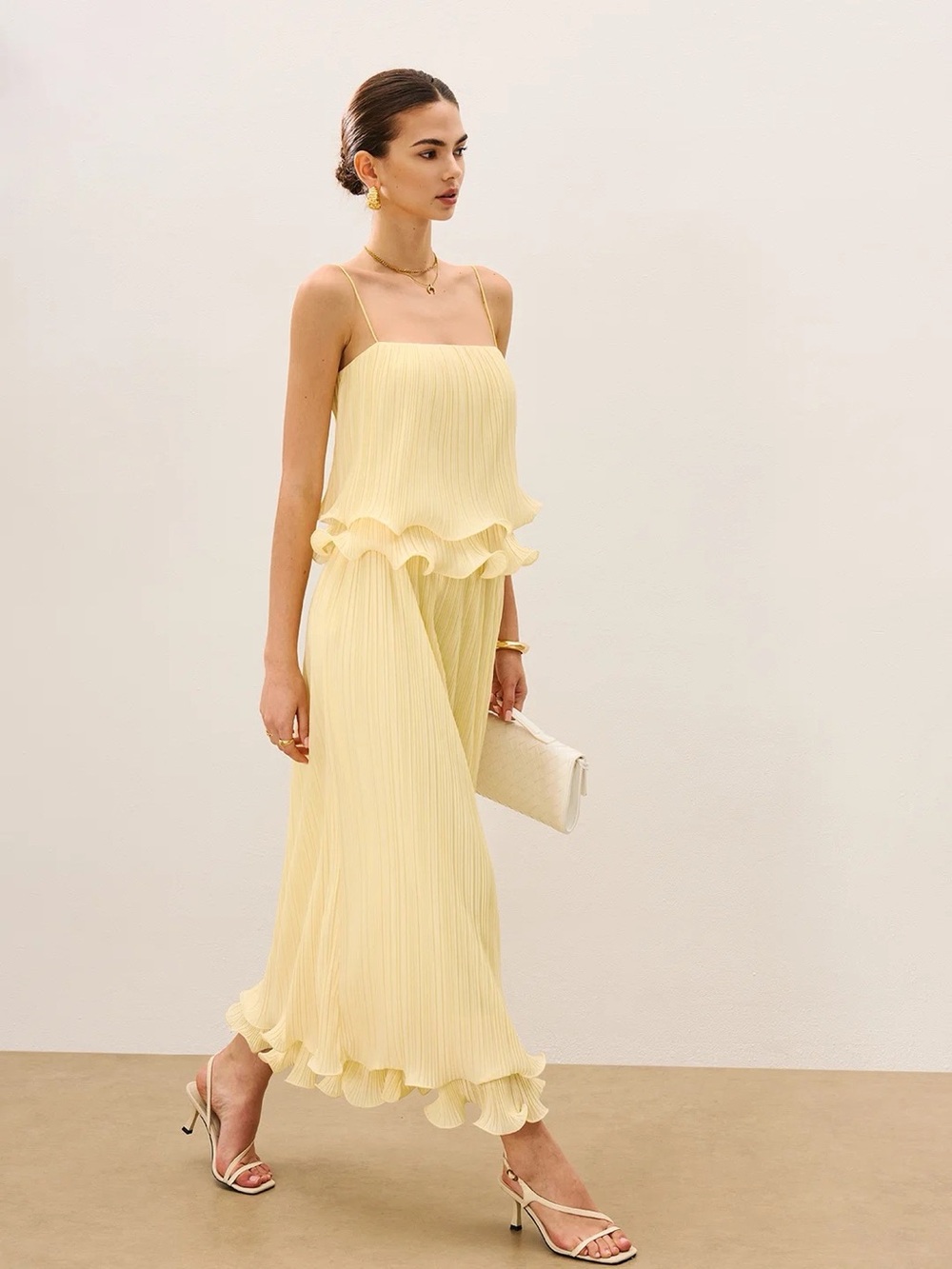 Commense Yellow Pleated Layered Ruffle Skirt Set - Picture 2 of 5